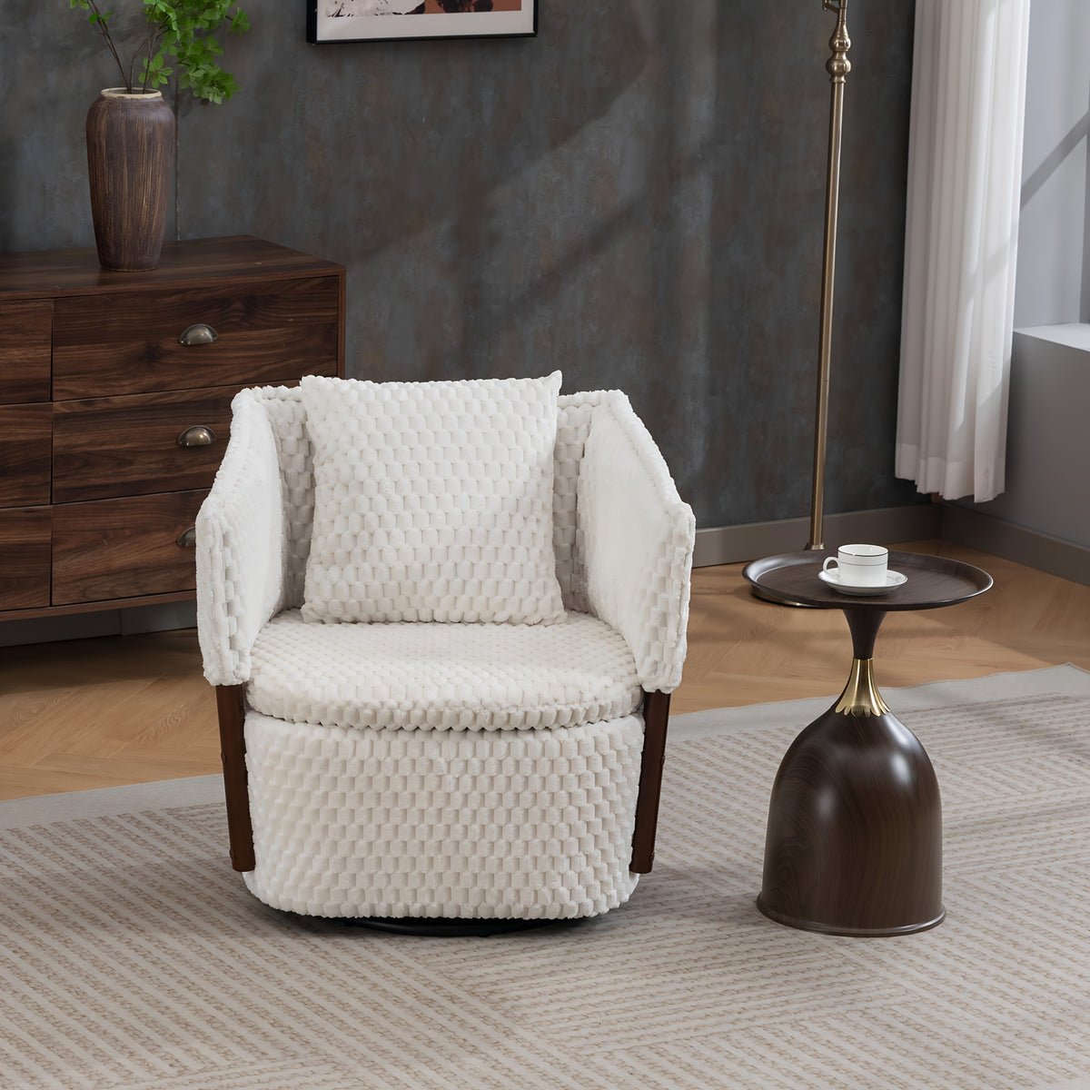Textured Swivel Accent Chair with Storage — beige textured swivel chair in a room