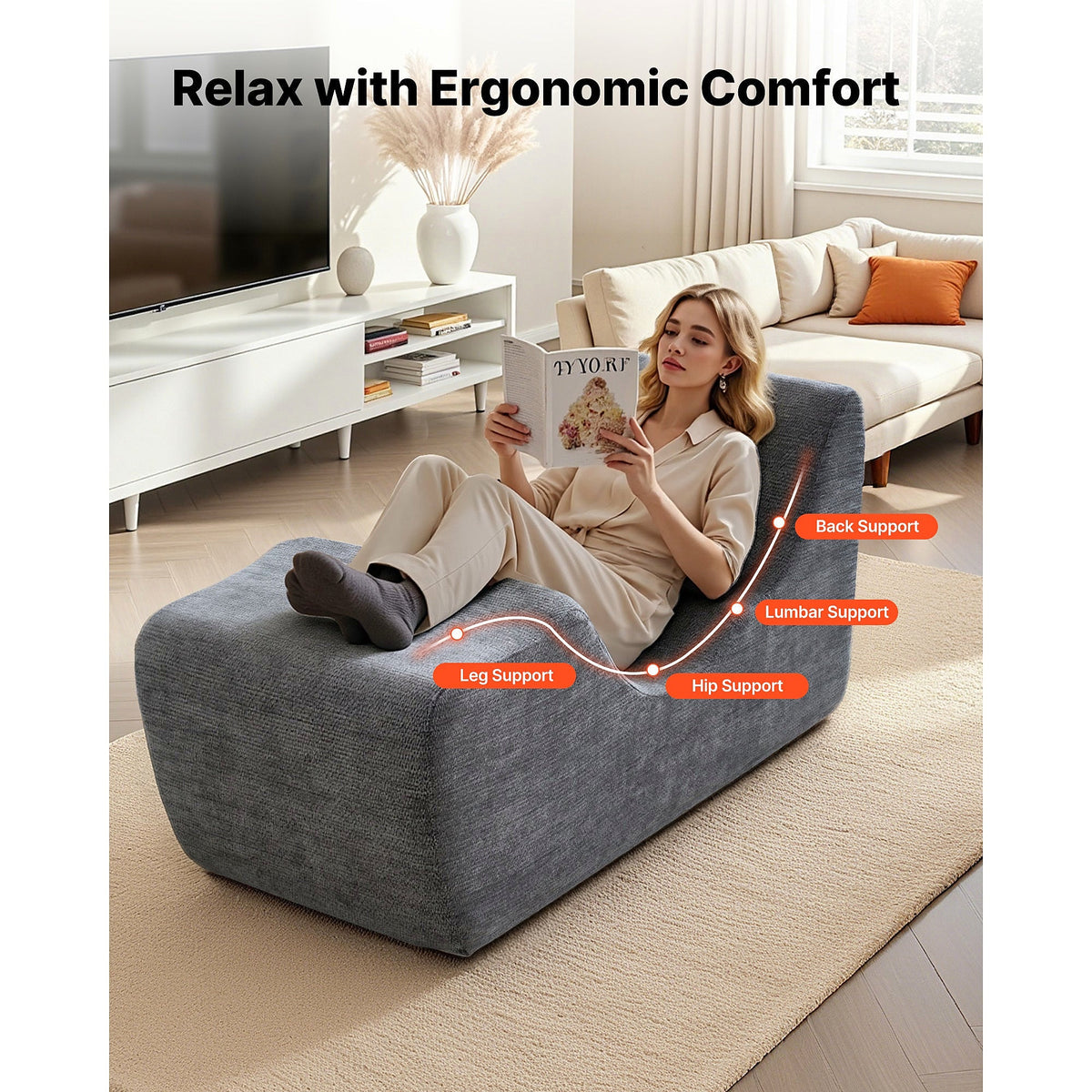 Gray fabric foam yoga chaise with a lumbar pillow
