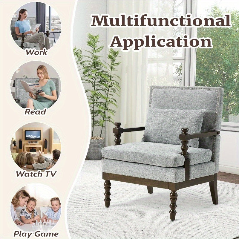 Gray Linen Accent Chair with Lumbar Pillow — chair displayed in several room settings
