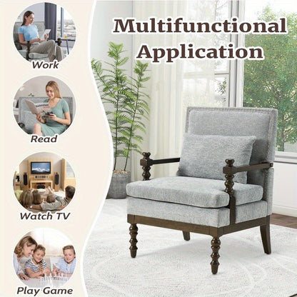 Gray Linen Accent Chair with Lumbar Pillow — chair displayed in several room settings