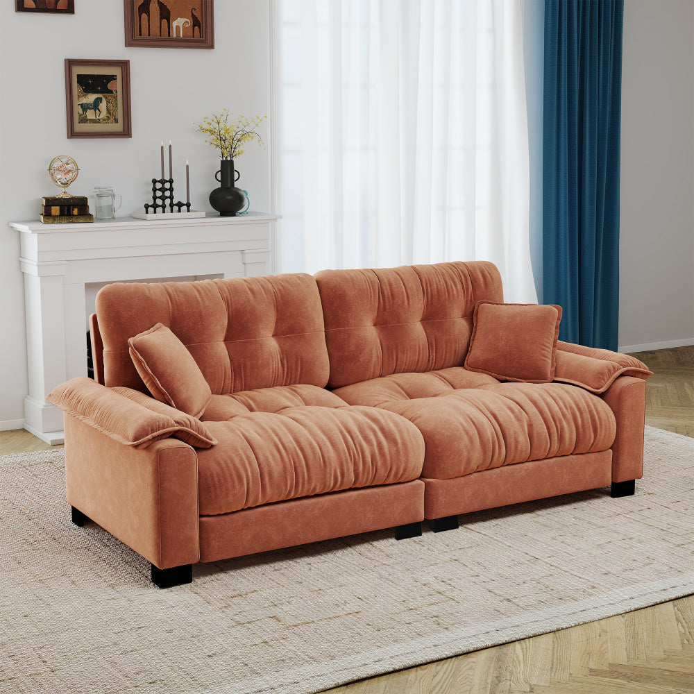 94-Inch Pleated Three-Seat Sofa — orange front three-quarter view