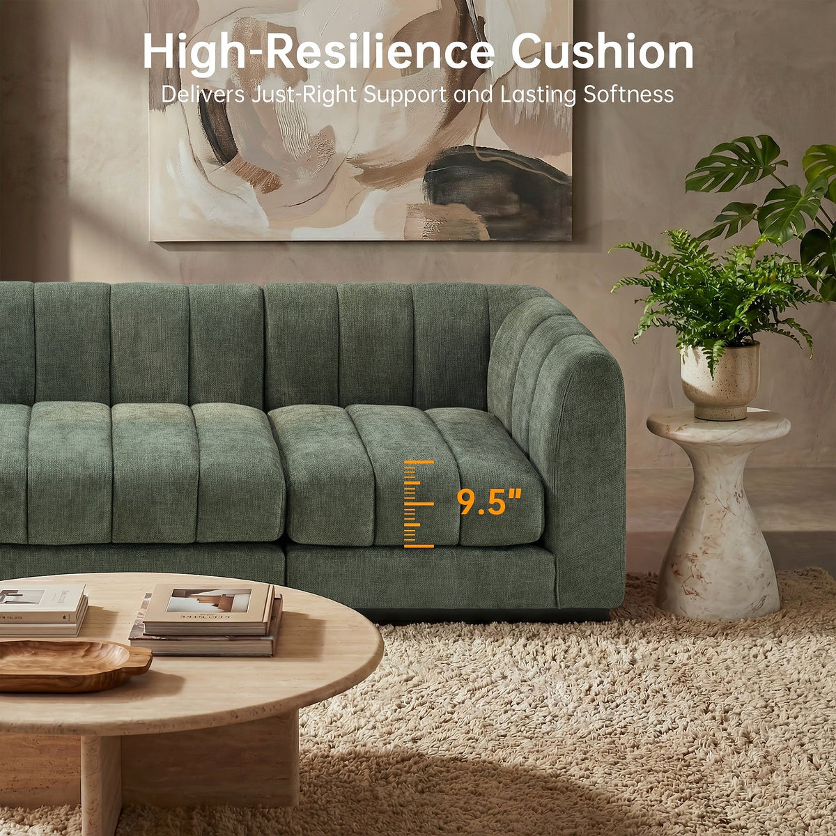 Close-up of the green sectional’s channelled seat cushions and arm, with a cushion-thickness annotation.