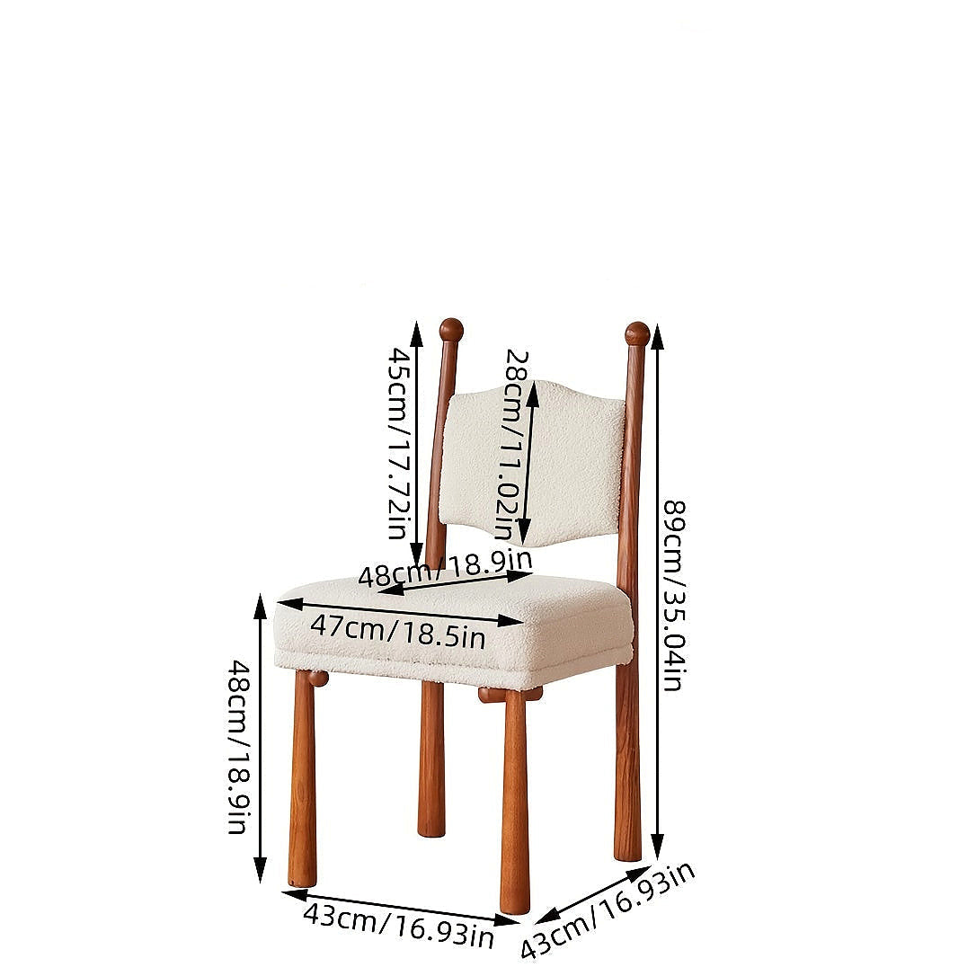 Ivory textured dining chair with a turned wood frame — dimension diagram