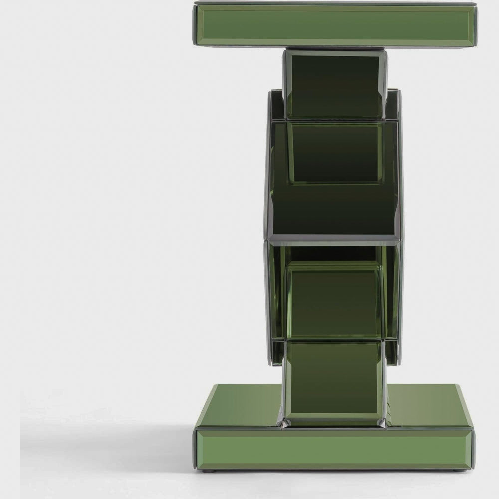 Side view of the green mirrored geometric accent table