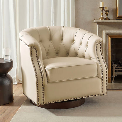 White genuine leather Chesterfield swivel rocking armchair with rolled arms