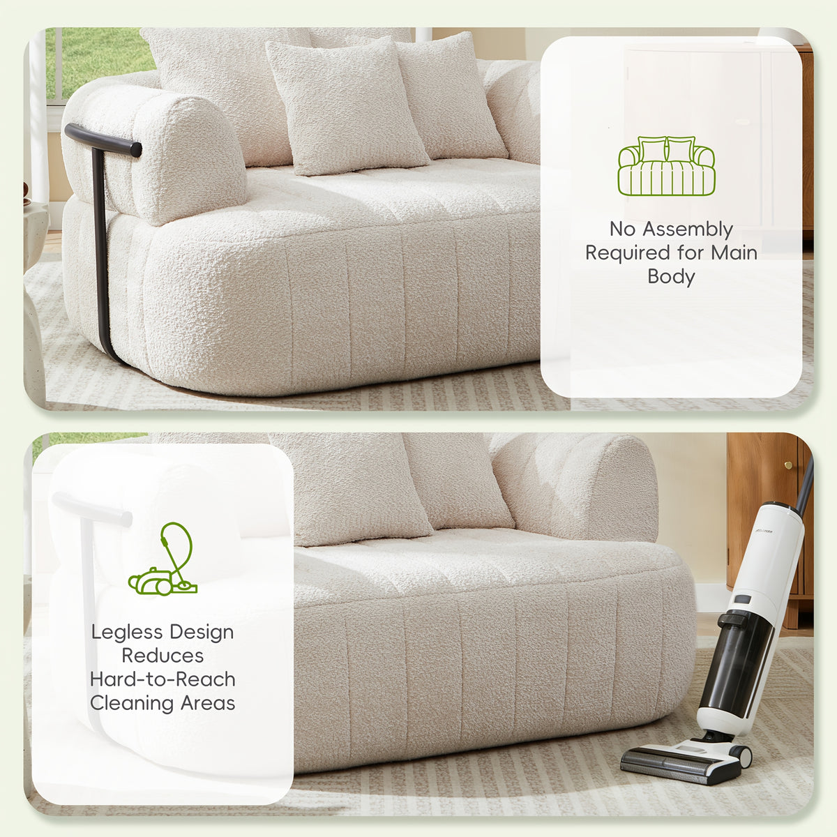 64-Inch Bouclé Deep-Seat Lounge Chair — no-assembly main body and low base panel