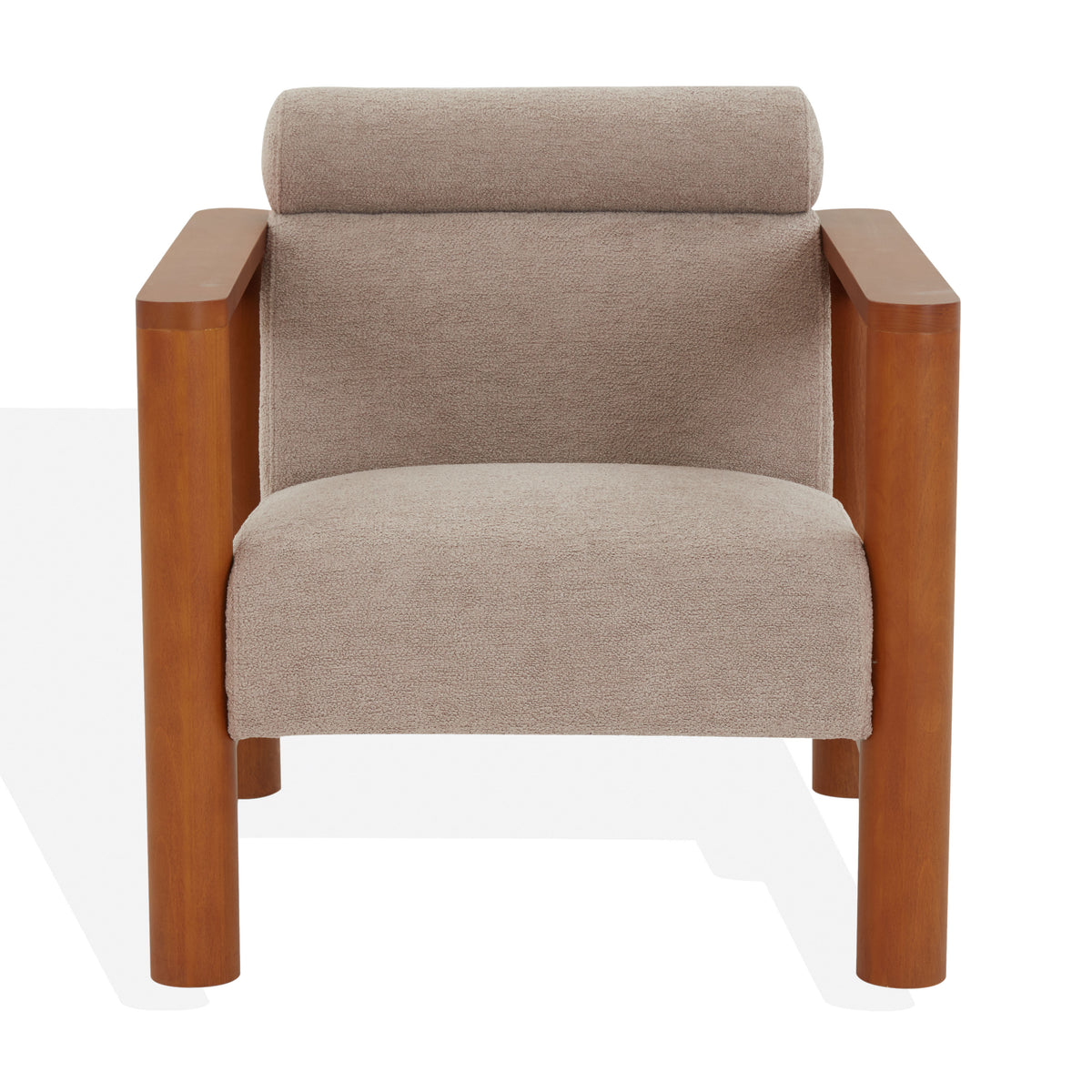 Nikolas Light Brown Bouclé Accent Chair — front view of the light brown cushions and wood frame