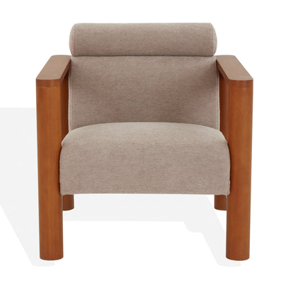 Nikolas Light Brown Bouclé Accent Chair — front view of the light brown cushions and wood frame