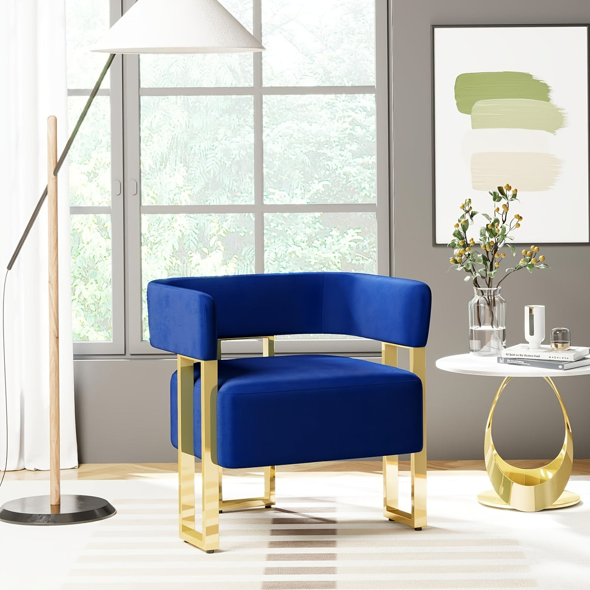 Cutout-Back Accent Chair with Gold-Tone Base — blue chair with gold-colored frame