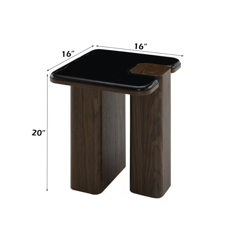 Dimension diagram of black-topped end table with dark brown split-panel supports