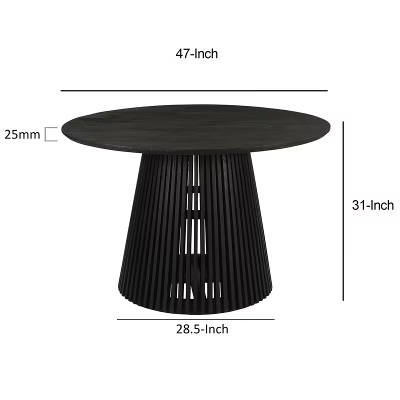 Dimension diagram of the round black slatted-base dining table
