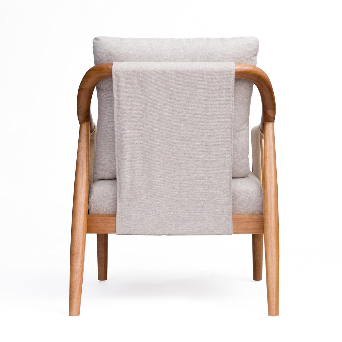 Wood-Frame Accent Chair with Woven Paper-Rope Arms — rear view of the wood frame and back cushion