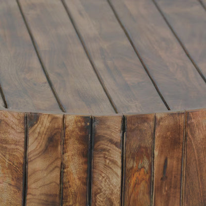 Detail of the round coffee table's top edge and vertical side panels