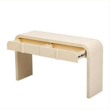 Apricot Cream console isolated on white with both drawers open.