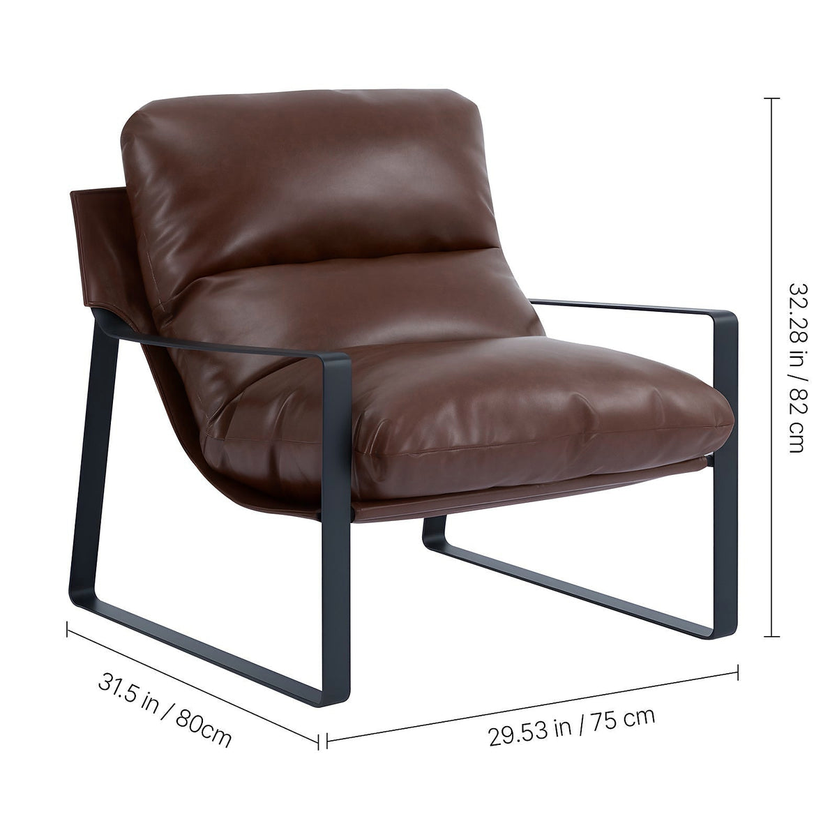 Brown faux leather sling chair with a black iron frame — dimension diagram