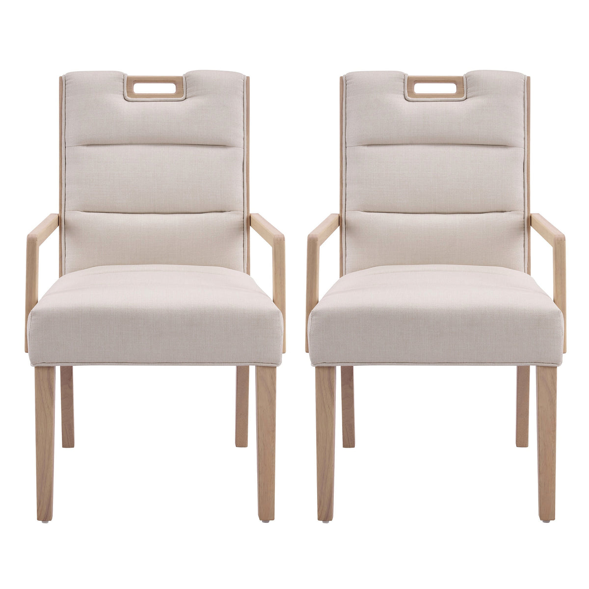 Natural finish beige upholstered dining armchair with a rubberwood frame