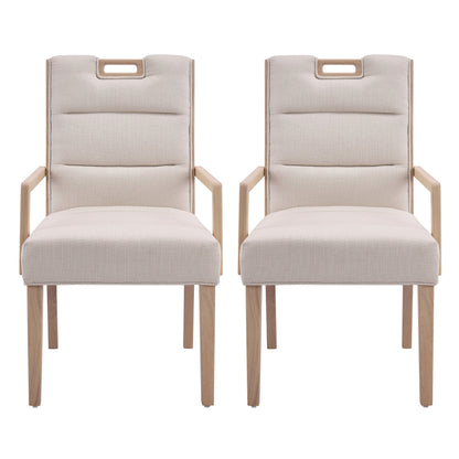 Natural finish beige upholstered dining armchair with a rubberwood frame