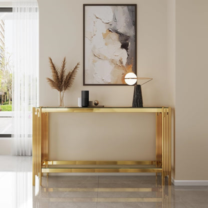Front room view of the clear glass and gold frame console.
