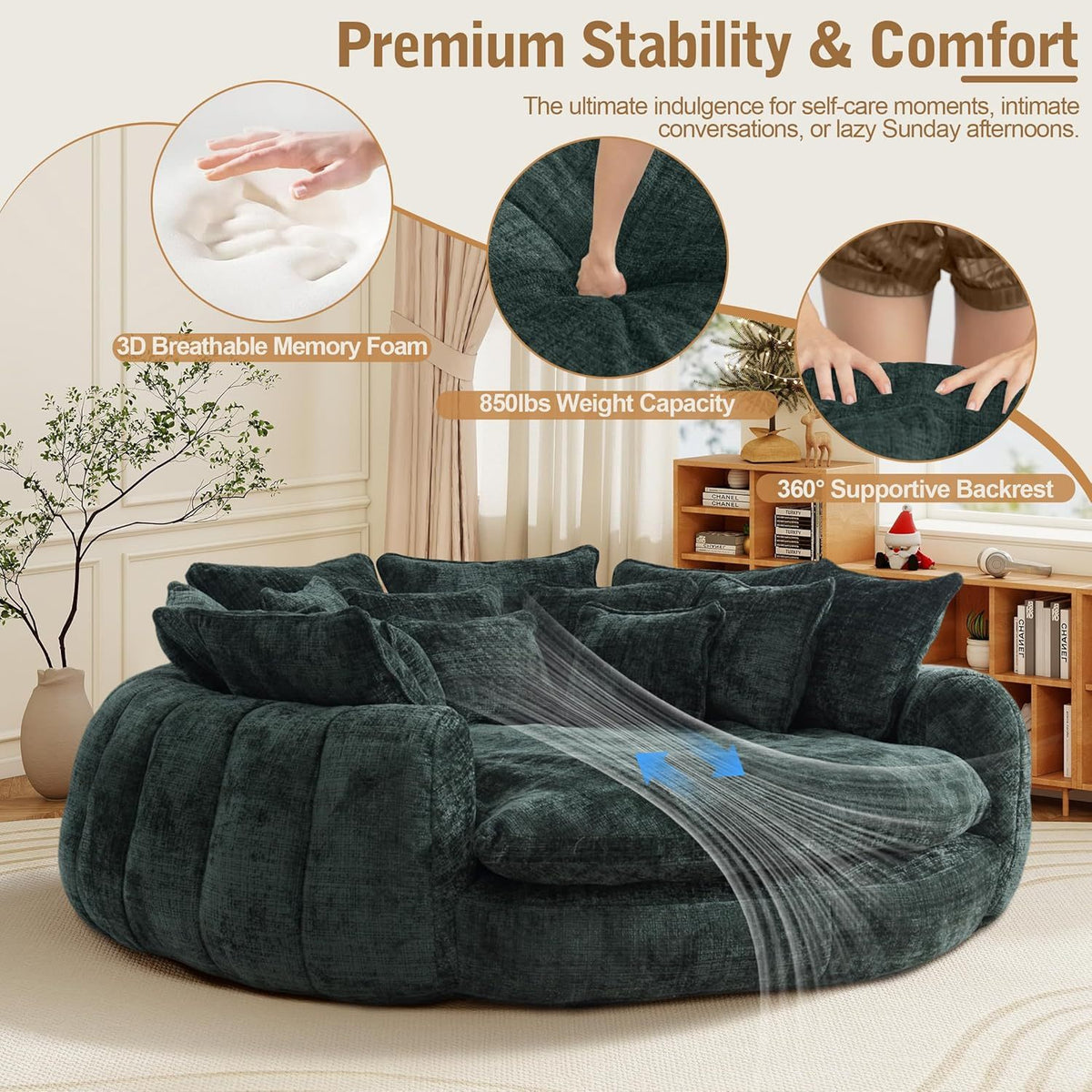 Oversized Round Chenille Lounge Sofa — emerald foam and backrest detail panel.