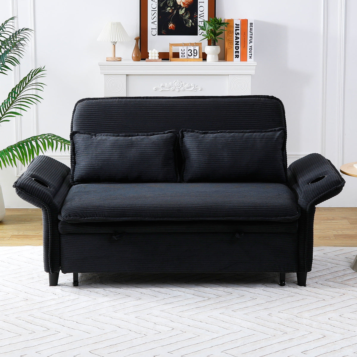 Ribbed Convertible Sleeper Sofa with Cup Holders — black sleeper sofa in a living room.