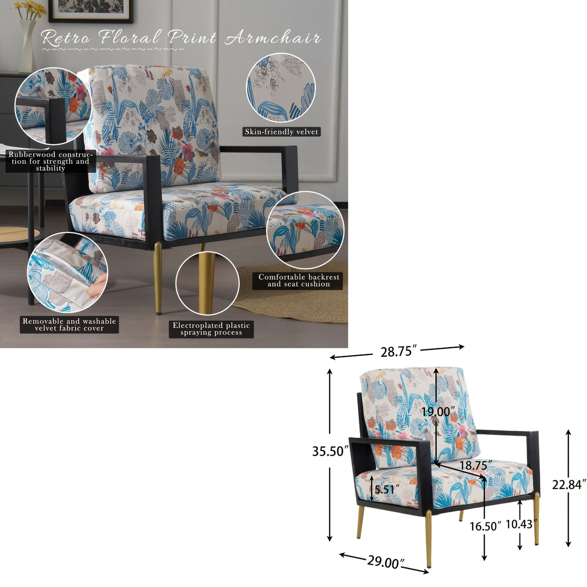 Blue and Orange Floral Velvet Accent Chair — floral chair details and dimensions diagram