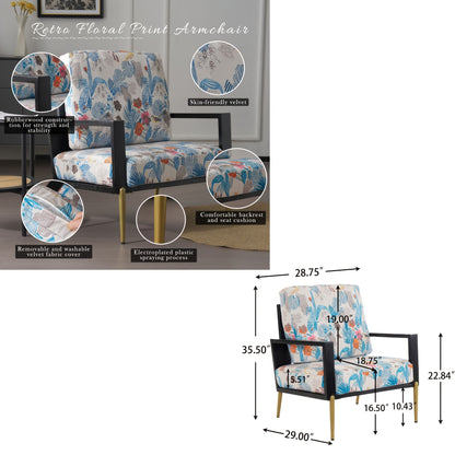 Blue and Orange Floral Velvet Accent Chair — floral chair details and dimensions diagram