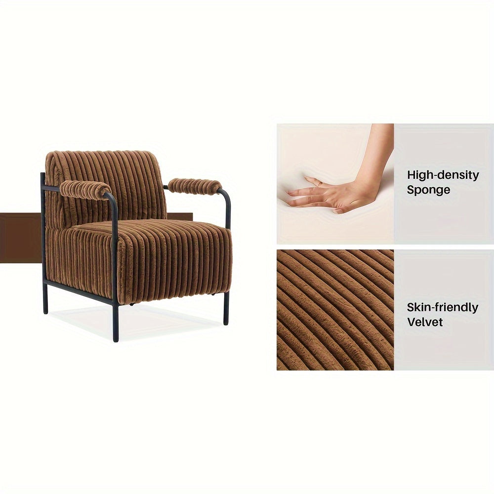 Ribbed Accent Chair with Adjustable Foot Pads — brown upholstery and cushion detail collage