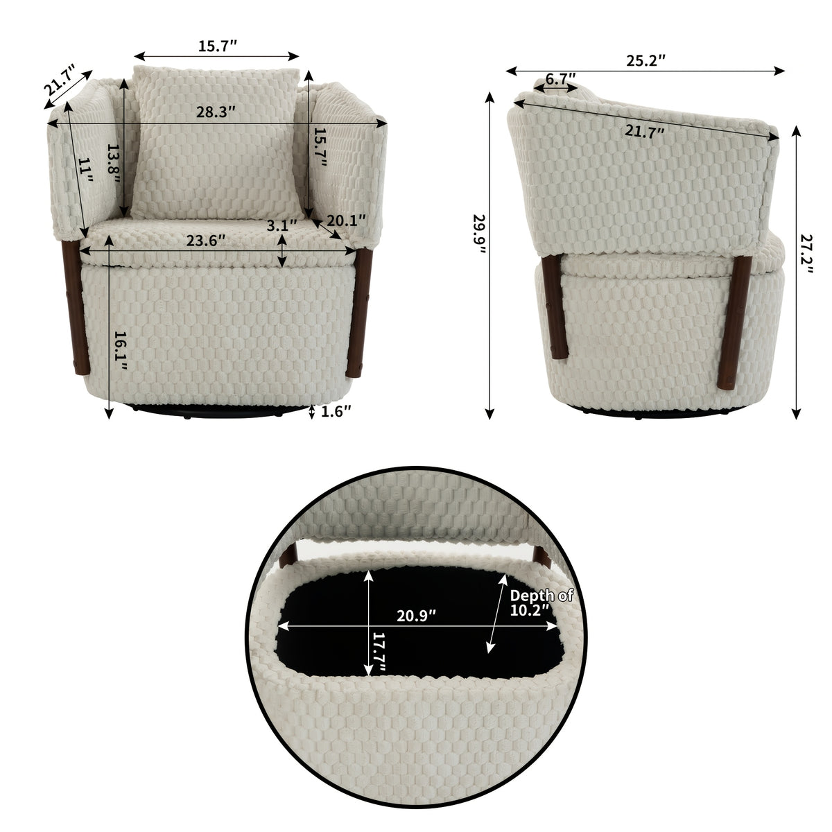 Textured Swivel Accent Chair with Storage — chair and hidden storage dimensions diagram