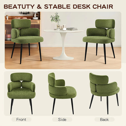 Green chenille accent chair with a segmented padded back and black metal legs — chair views