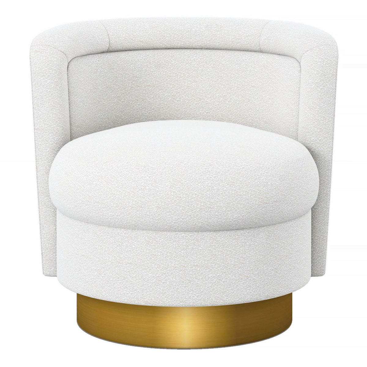 Front view of the white bouclé Aspen swivel lounge chair