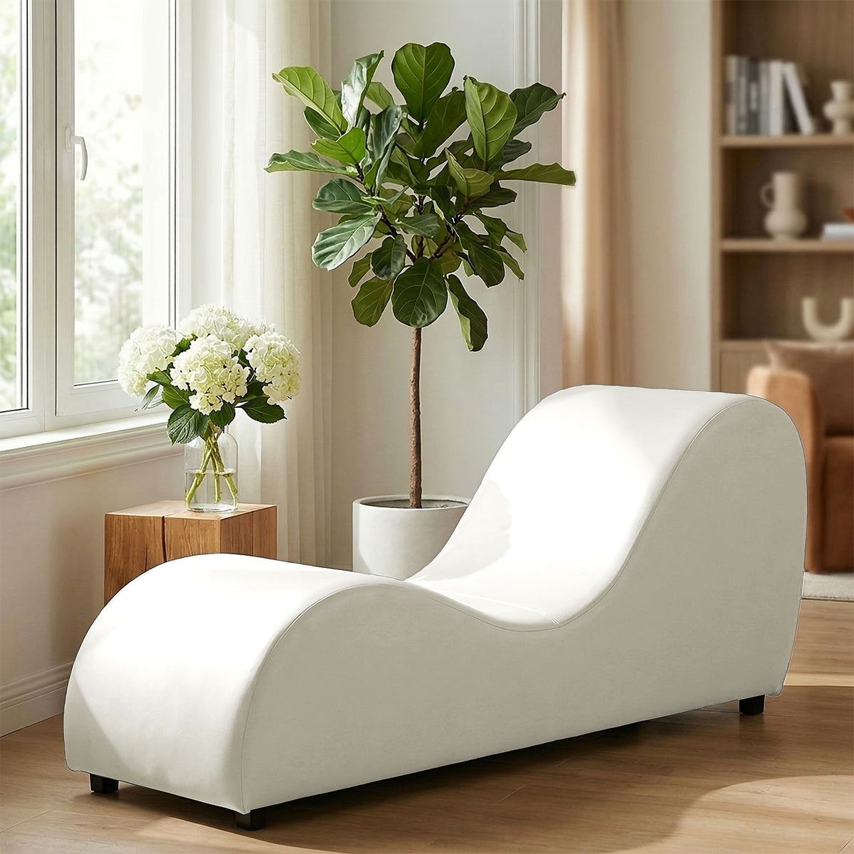 Beige velvet curved yoga chaise lounge