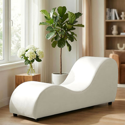 Beige velvet curved yoga chaise lounge