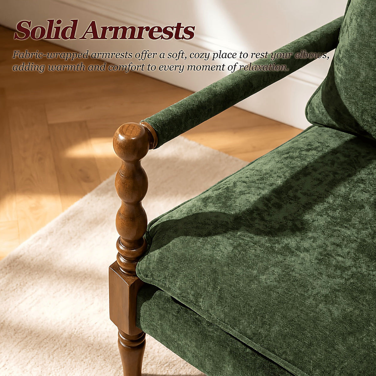 Green upholstered accent chair with turned wood front posts — arm and frame detail