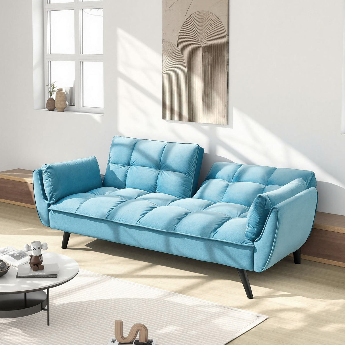 Blue Tufted Convertible Sofa — angled view from the left.