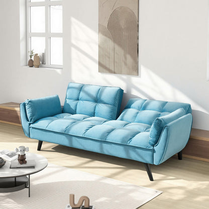 Blue Tufted Convertible Sofa — angled view from the left.