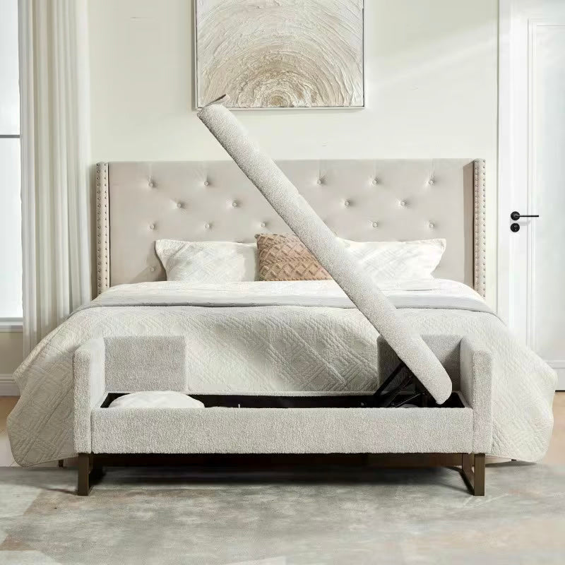 Front view of the light gray bench with its seat lid raised above the storage compartment