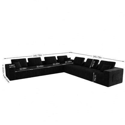 Black Seven-Piece Corduroy Modular Sectional — l-shaped overall and module dimensions diagram