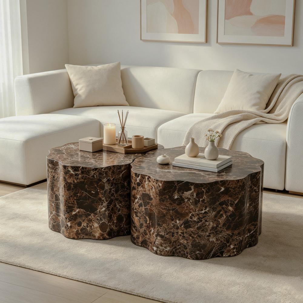 Brown Marble-Look Scalloped Tables, Set of 2