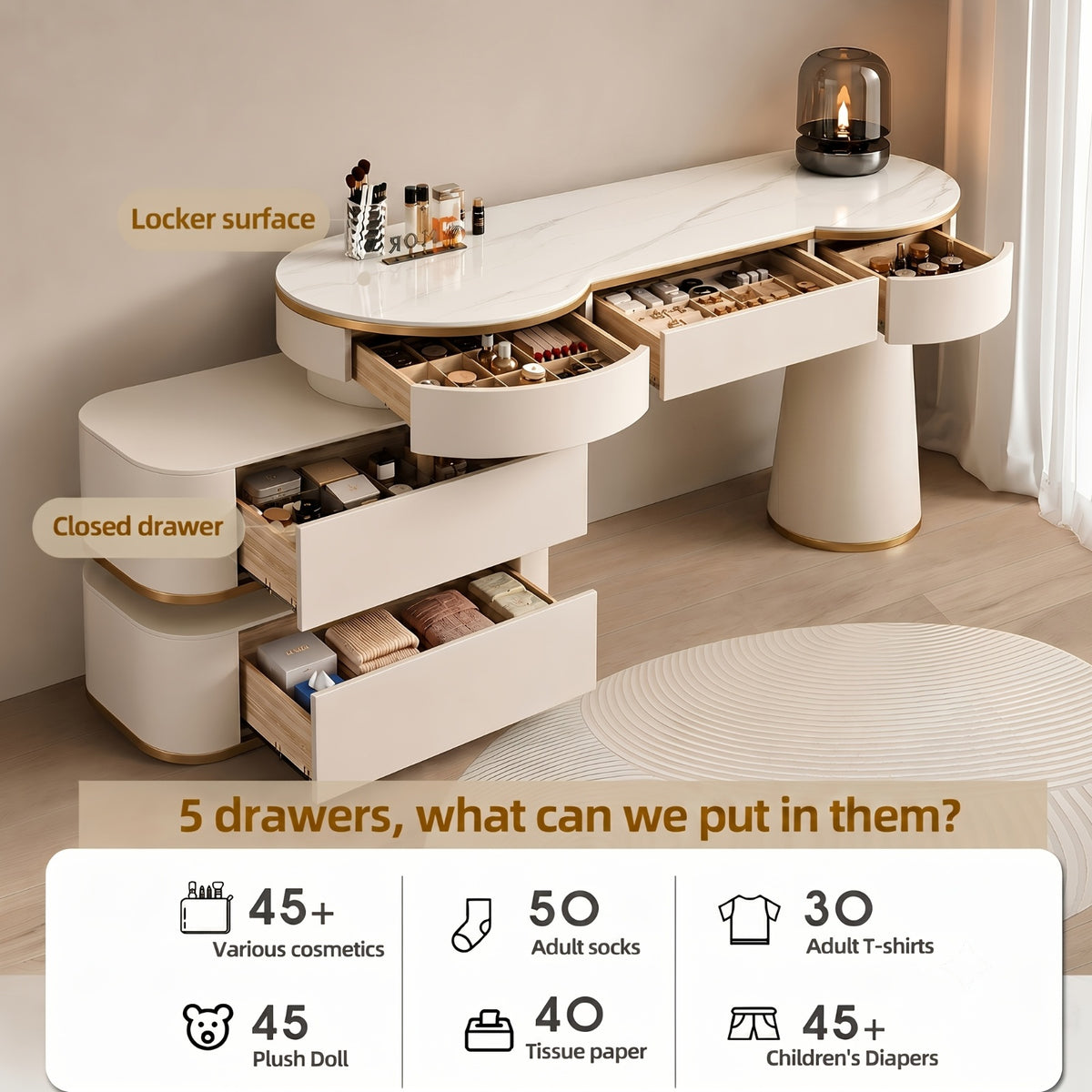 Cream Vanity with Drawers & Marble-Look Top