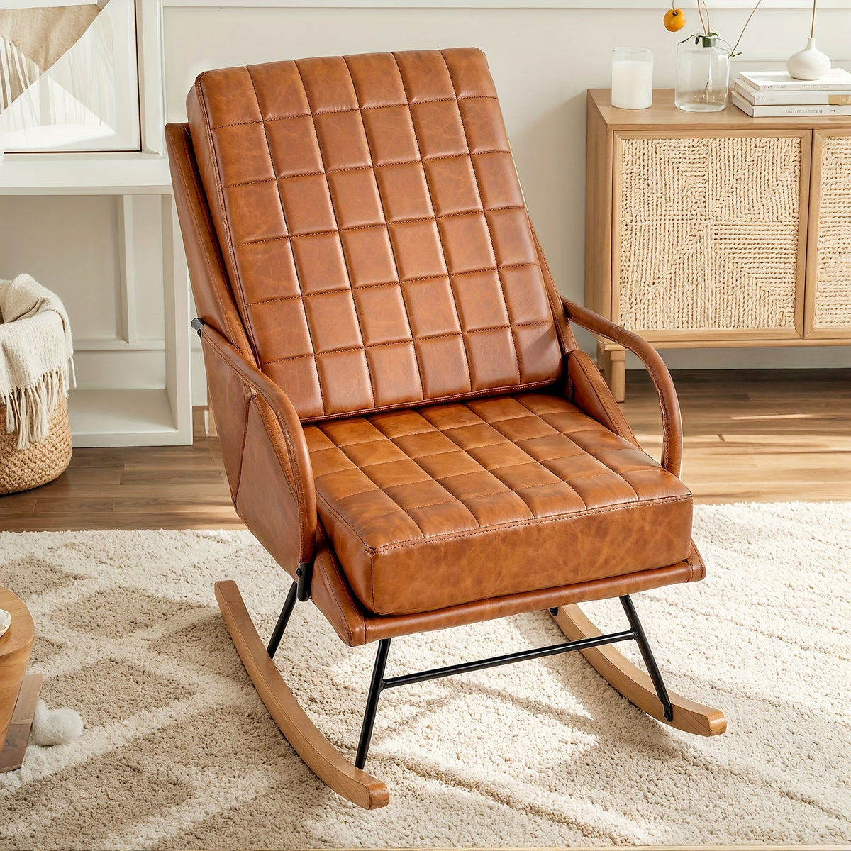 Brown high back grid stitched rocking chair with wood runners and a black metal support frame