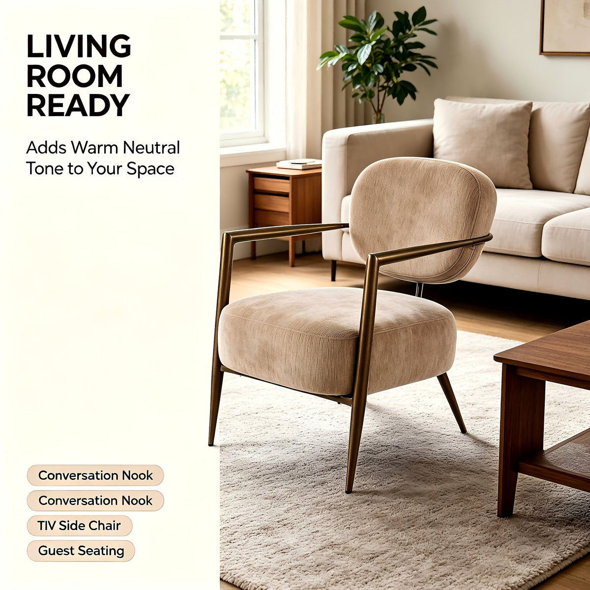 Camel fabric accent chair with an oval back and gold tone metal frame