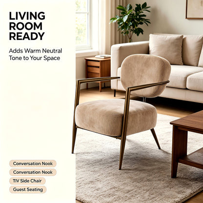 Camel fabric accent chair with an oval back and gold tone metal frame