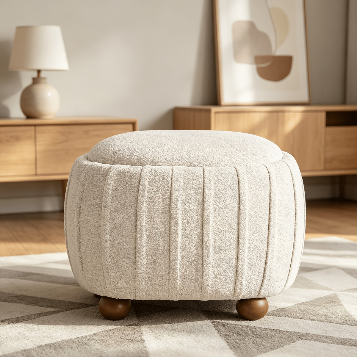 Oval Chenille Storage Ottoman with Wood Ball Legs — beige front three-quarter view