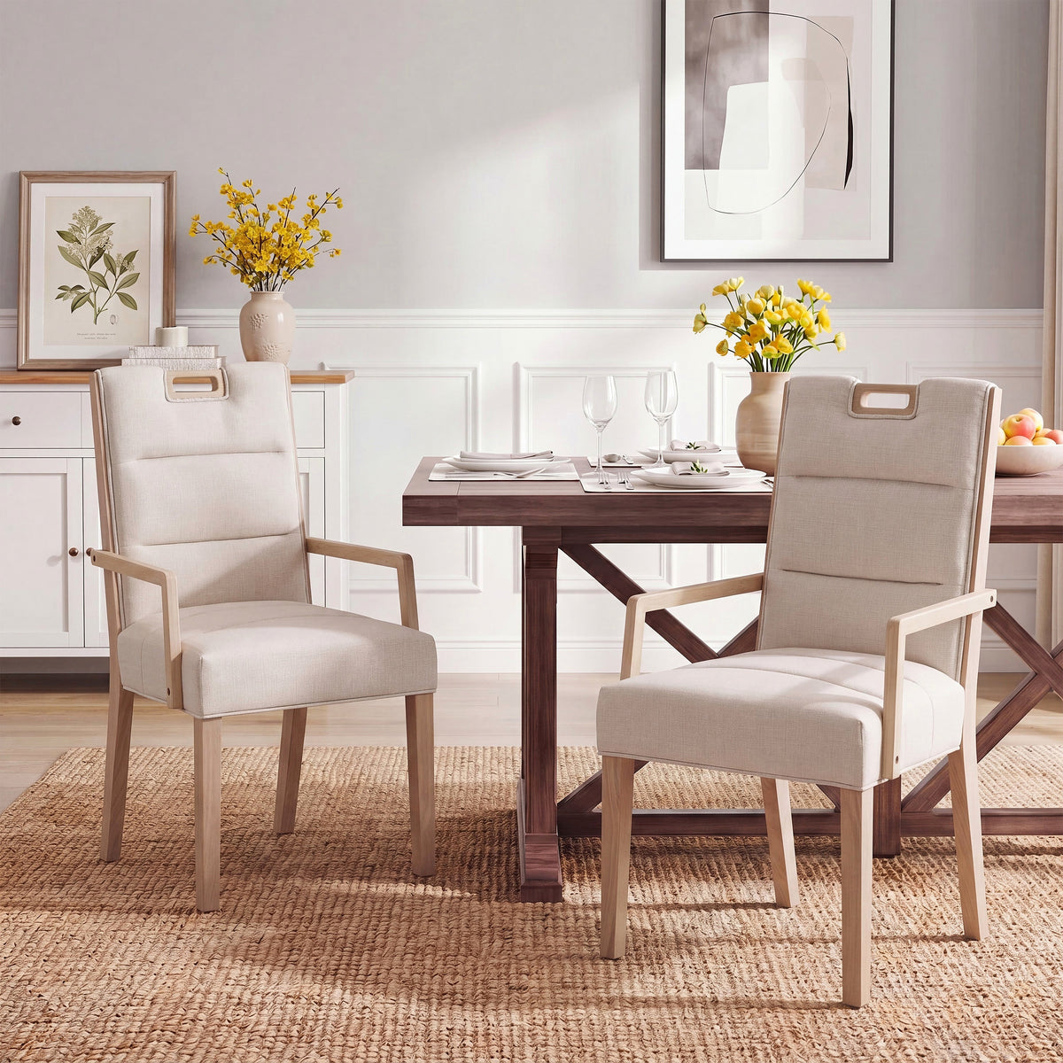 Natural finish beige upholstered dining armchair with a rubberwood frame