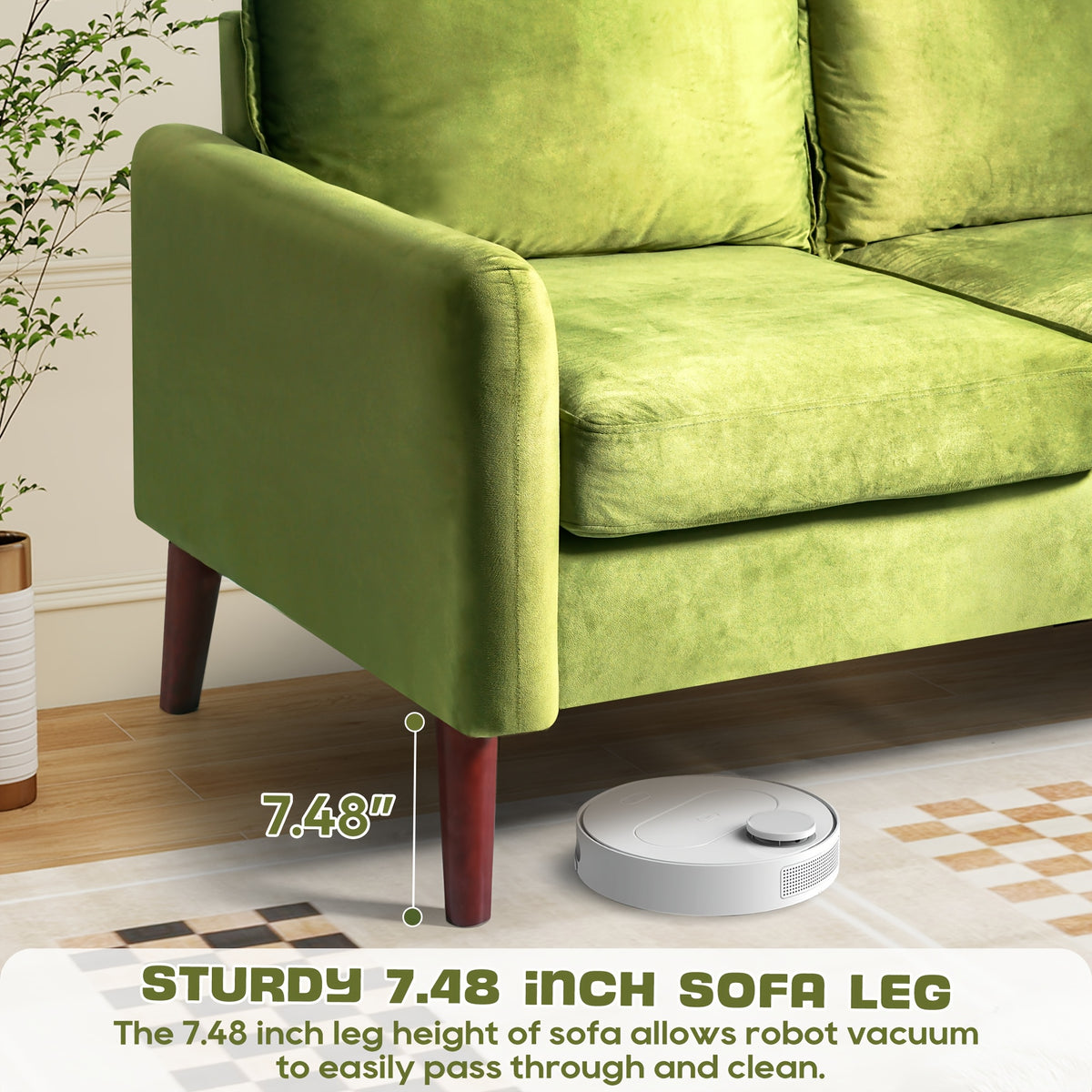 Bilhilury Velvet Loveseat — wood leg and floor clearance detail.