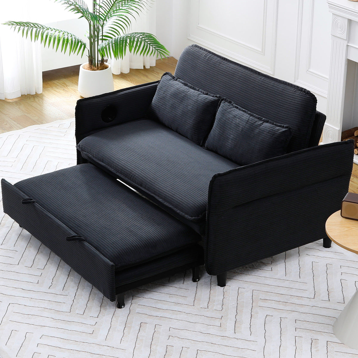 Ribbed Convertible Sleeper Sofa with Cup Holders — pull-out extension with back raised.