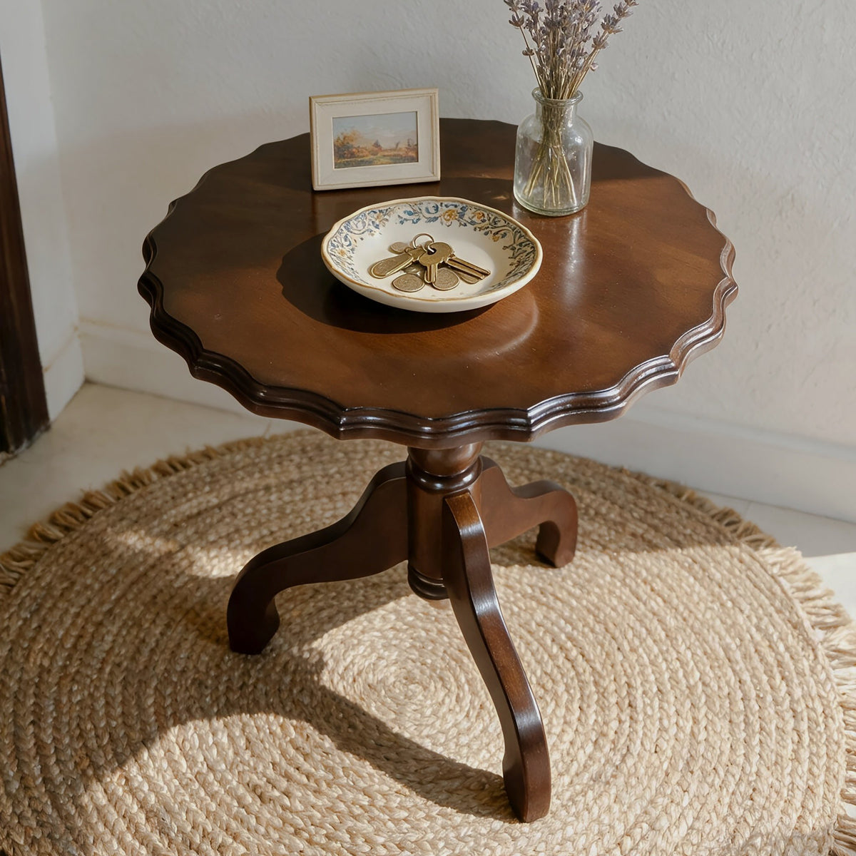 Scalloped Rubberwood Tripod Side Table - Dark walnut