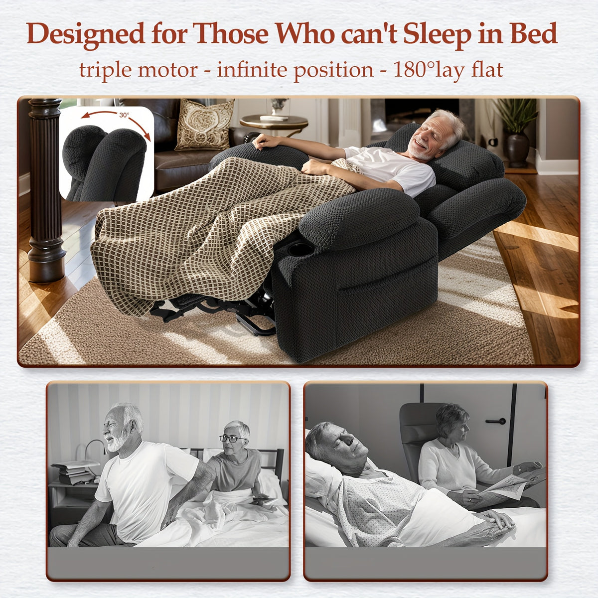 Person resting on the gray recliner with its back lowered and footrest extended
