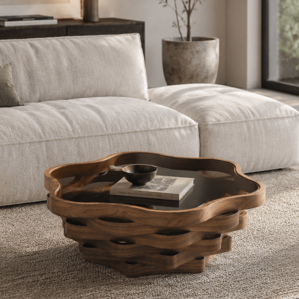 Low angled view of the glass-top coffee table's scalloped rim and layered base