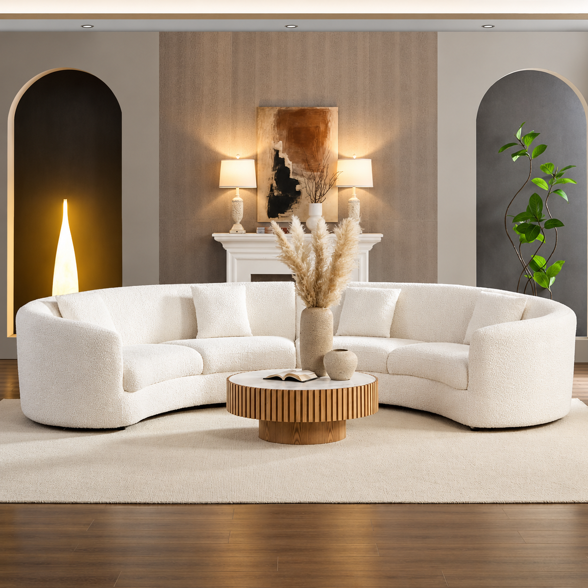 Ivory Curved Sofa with Four Pillows — curved ivory sofa in a styled living room.